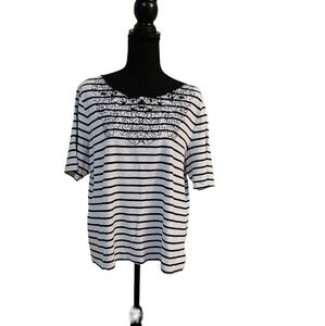 Rafaella Striped Floral Embroidered Pull Over Top 100% Cotton Size XXL